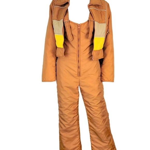 Subello Vintage 70s Ski Set Women 8 Orange Yellow Jacket Snow Bib Flare Pants M - Picture 5 of 16